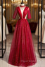 Burgundy Tulle High Neck Short Sleeve Pleats Beading Formal Prom Dresses