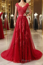 Burgundy tulle lace applique long Formal Prom dress, burgundy evening dress