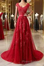 Burgundy tulle lace applique long Formal Prom dress, burgundy evening dress