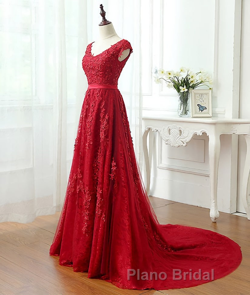 Burgundy tulle lace applique long Formal Prom dress, burgundy evening dress Secondary image