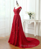 Burgundy tulle lace applique long Formal Prom dress, burgundy evening dress