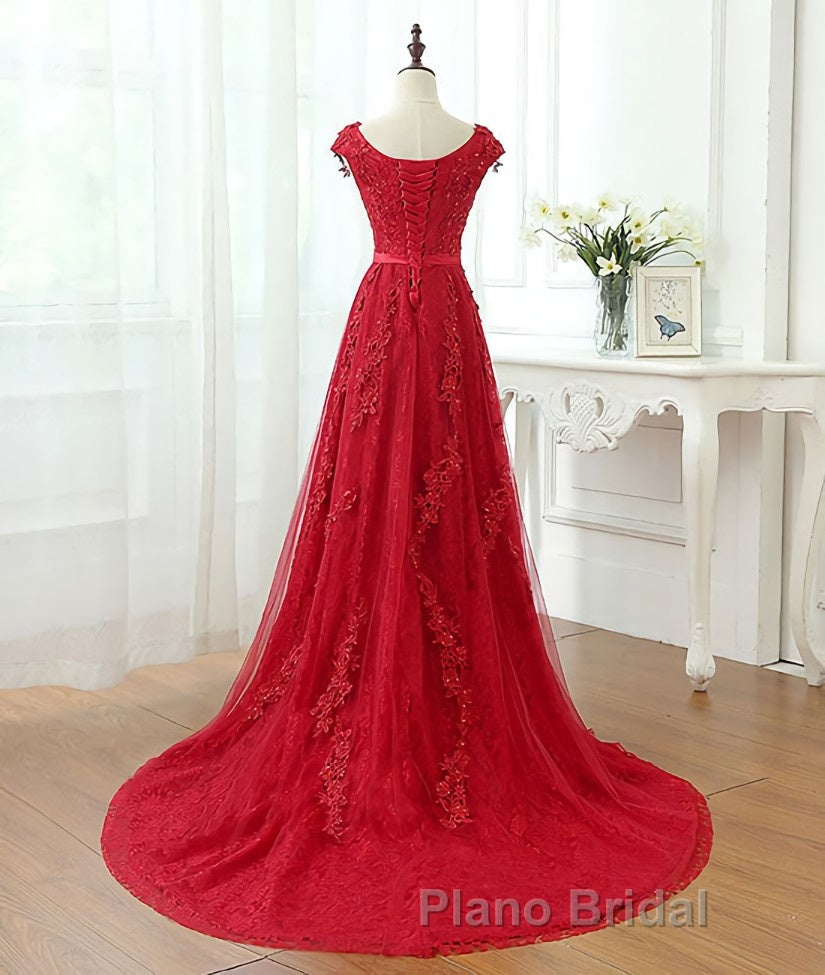 Burgundy tulle lace applique long Formal Prom dress, burgundy evening dress