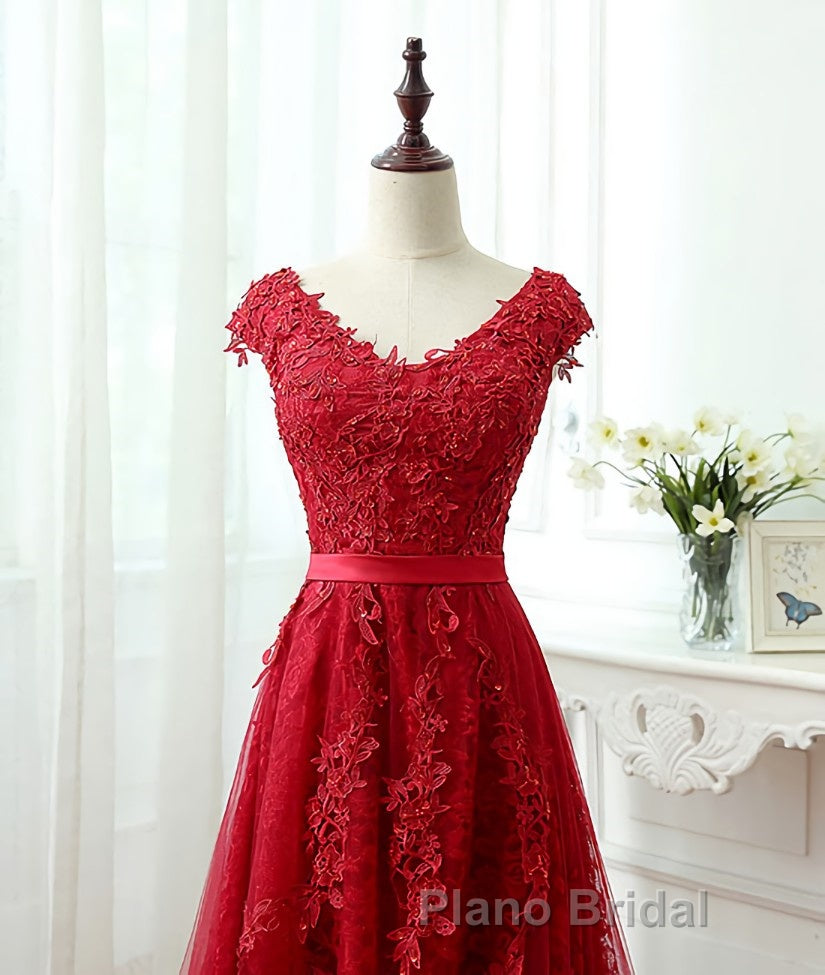 Burgundy tulle lace applique long Formal Prom dress, burgundy evening dress