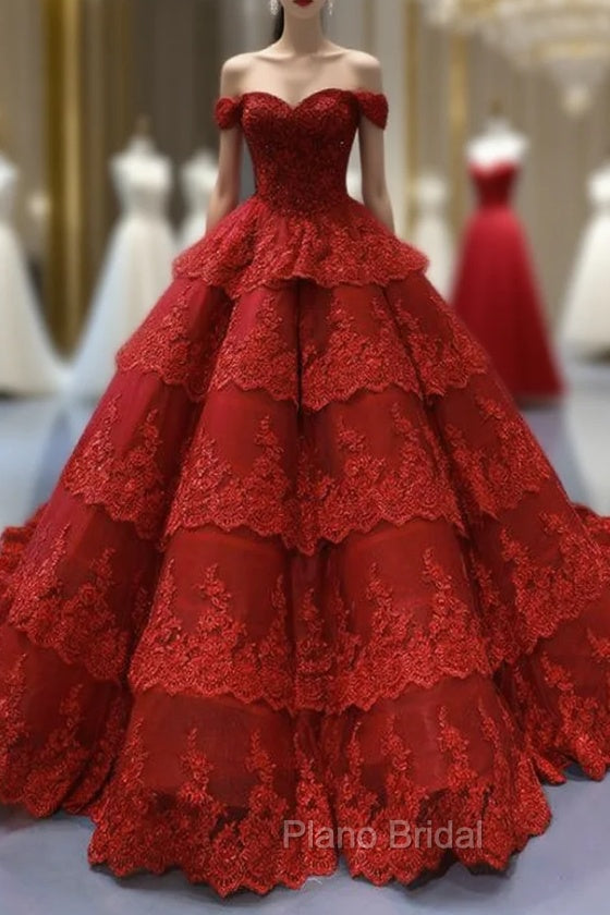 Burgundy Tulle Lace Appliques Off the Shoulder Formal Prom Dresses With Beading Main image