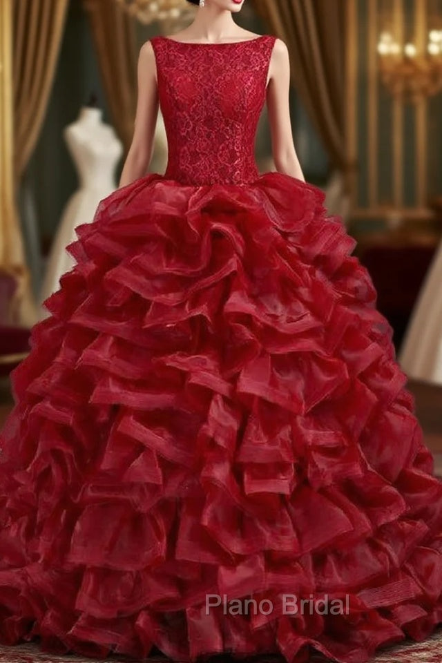 Burgundy Tulle Lace Backless Quinceanera Dresses Main image