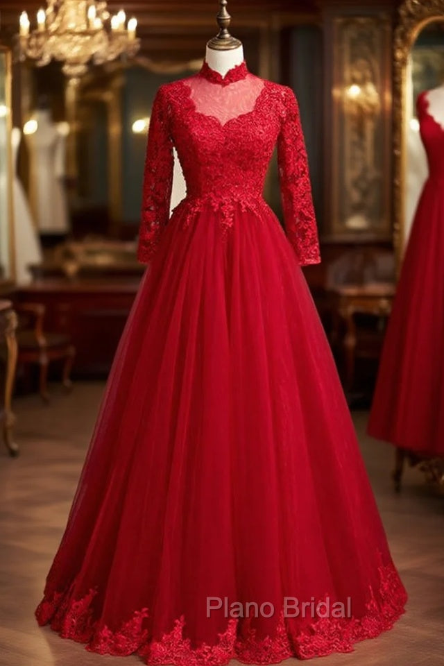 Burgundy Tulle Lace High Neck Long Sleeve Backless Formal Prom Dresses Main image