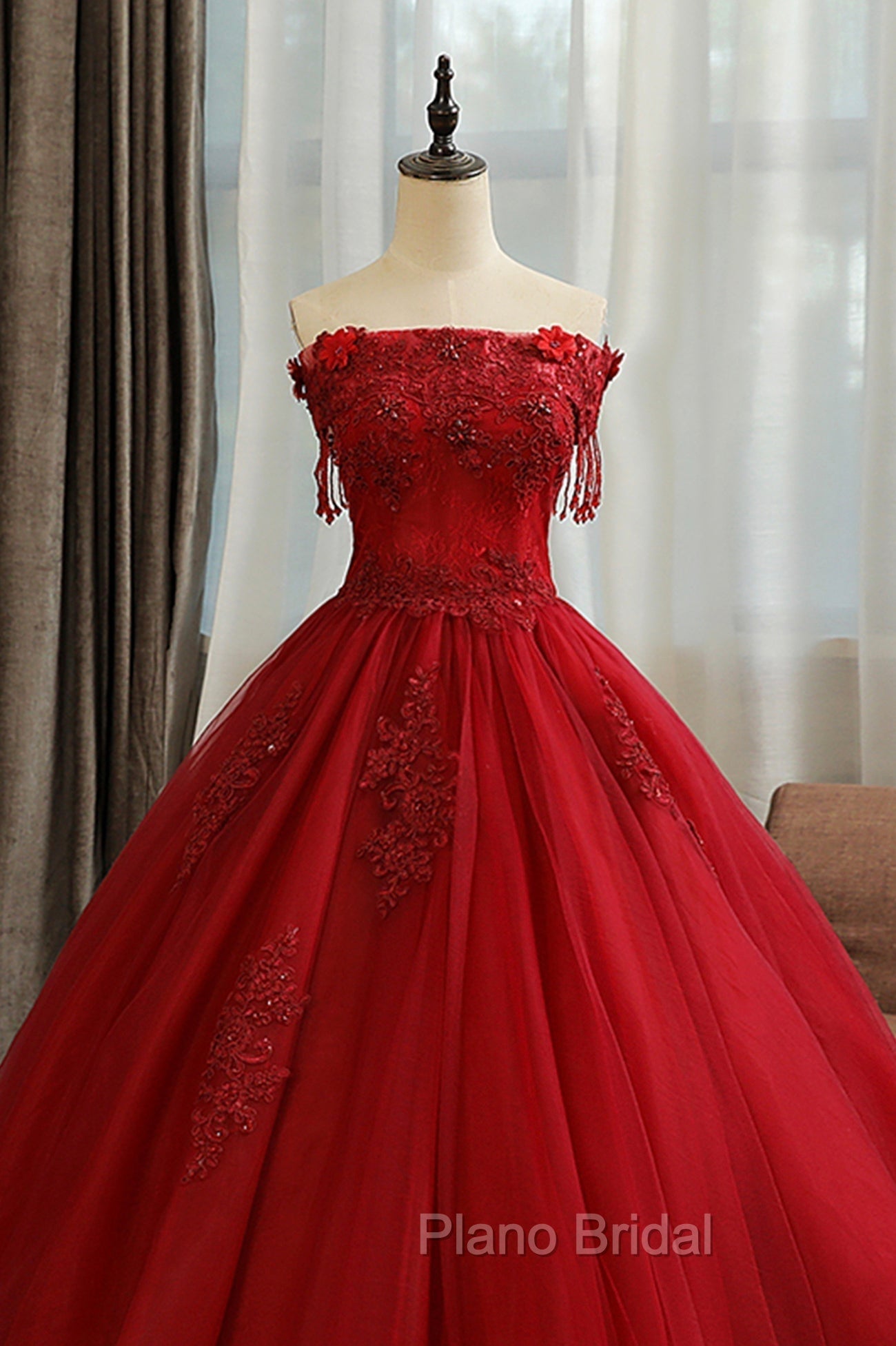 Burgundy Tulle Lace Long Formal Prom Dresses, Burgundy A-Line Evening Gown
