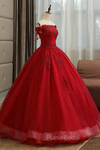 Burgundy Tulle Lace Long Formal Prom Dresses, Burgundy A-Line Evening Gown