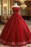 Burgundy Tulle Lace Long Formal Prom Dresses, Burgundy A-Line Evening Gown