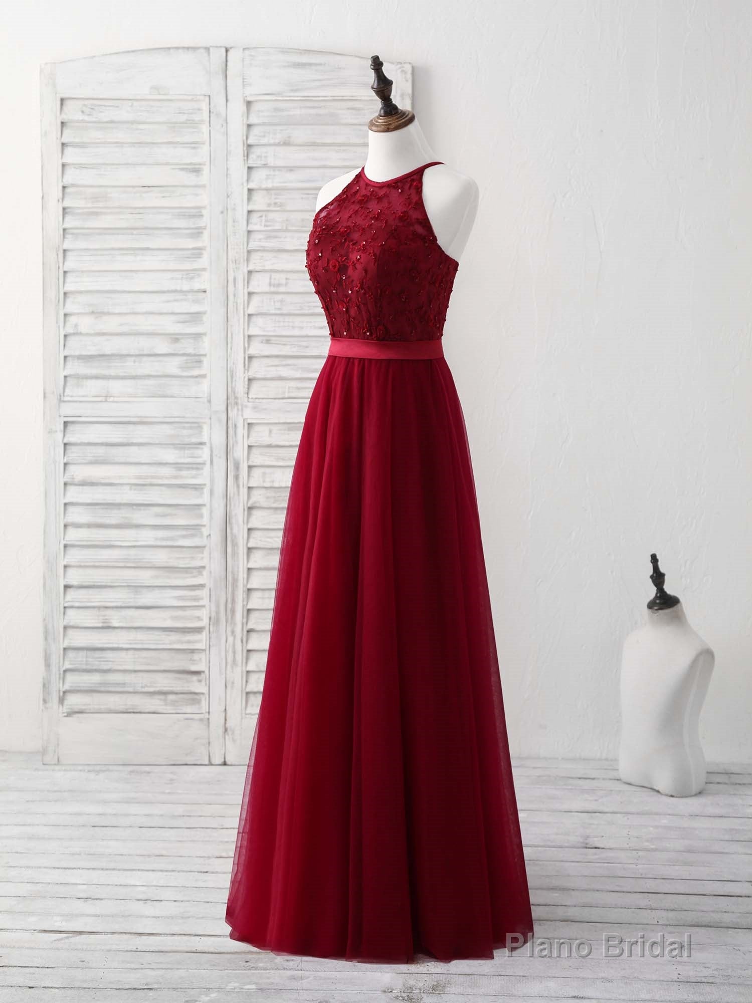 Burgundy Tulle Lace Long Prom Dress, Burgundy Bridesmaid Dress Secondary image