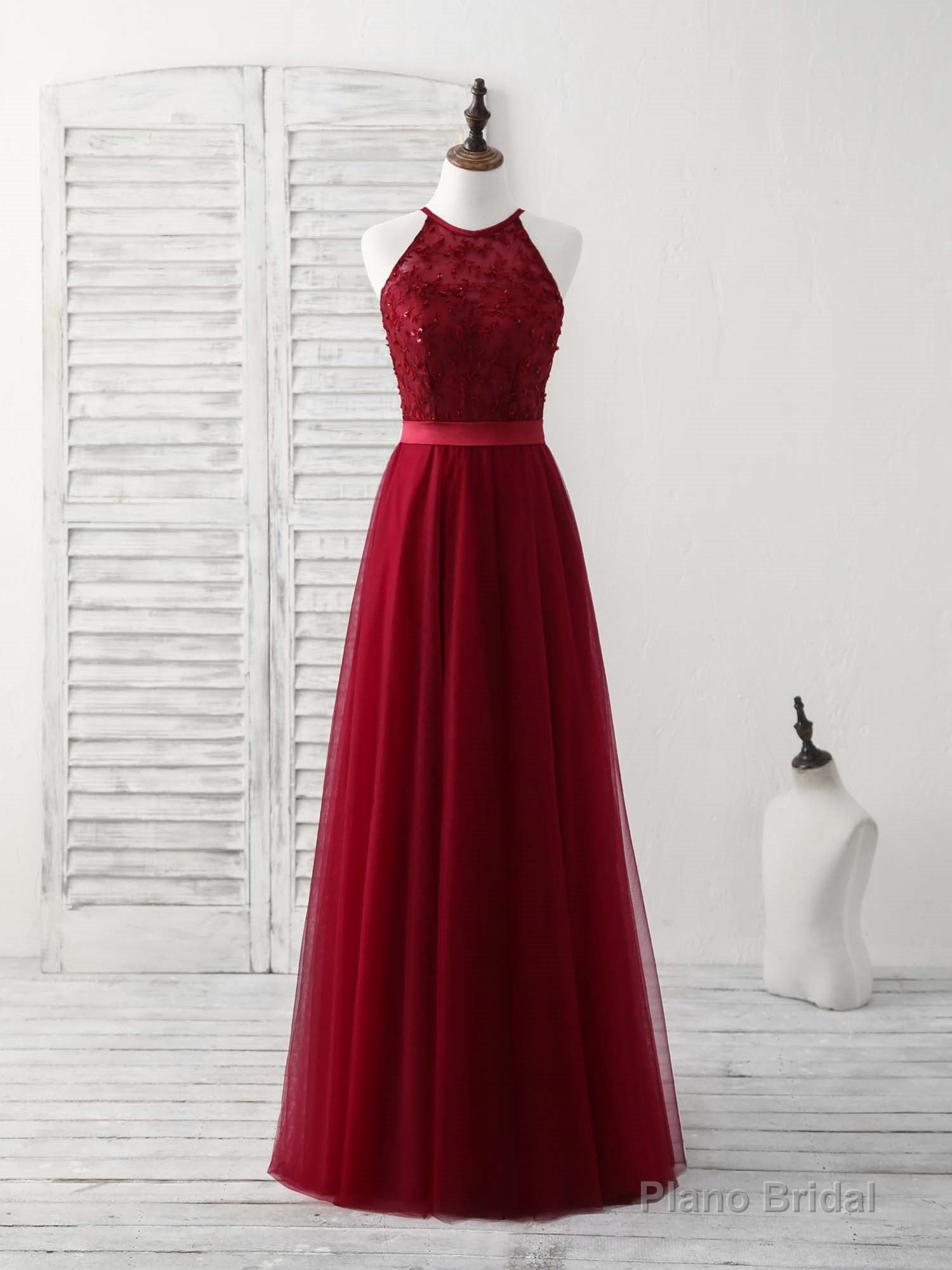 Burgundy Tulle Lace Long Prom Dress, Burgundy Bridesmaid Dress Main image