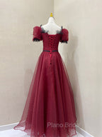Burgundy Tulle Lace Long Formal Prom Dresses, Burgundy Evening Dresses