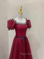 Burgundy Tulle Lace Long Formal Prom Dresses, Burgundy Evening Dresses