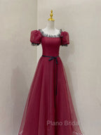 Burgundy Tulle Lace Long Formal Prom Dresses, Burgundy Evening Dresses