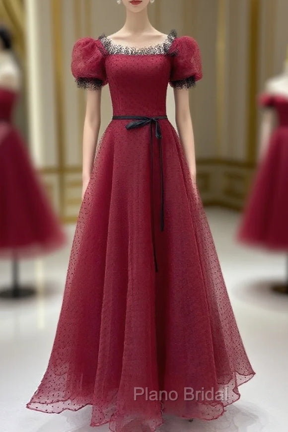 Burgundy Tulle Lace Long Formal Prom Dresses, Burgundy Evening Dresses Main image