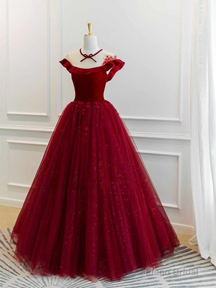 Burgundy tulle lace long prom dress, burgundy tulle evening dress Secondary image