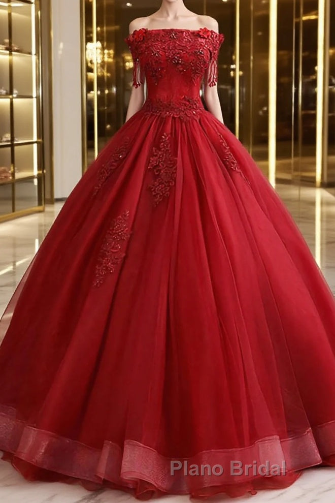 Burgundy tulle lace long Formal Prom dress burgundy tulle formal dress Main image
