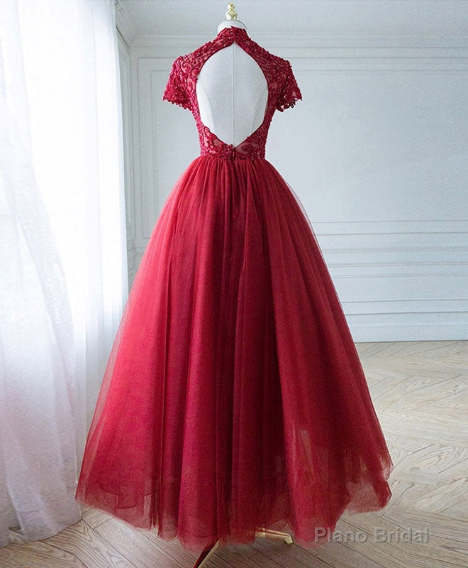 Burgundy Tulle Lace Long Prom Dress, Tulle Lace Evening Dress Secondary image
