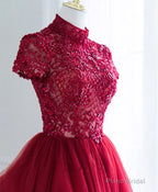 Burgundy Tulle Lace Long Prom Dress, Tulle Lace Evening Dress