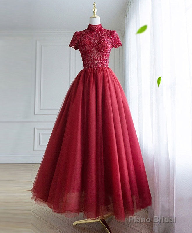 Burgundy Tulle Lace Long Prom Dress, Tulle Lace Evening Dress Main image