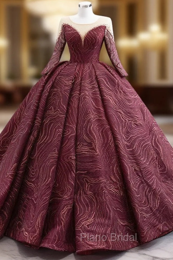Burgundy Tulle Lace Long Sleeve Formal Prom Dresses