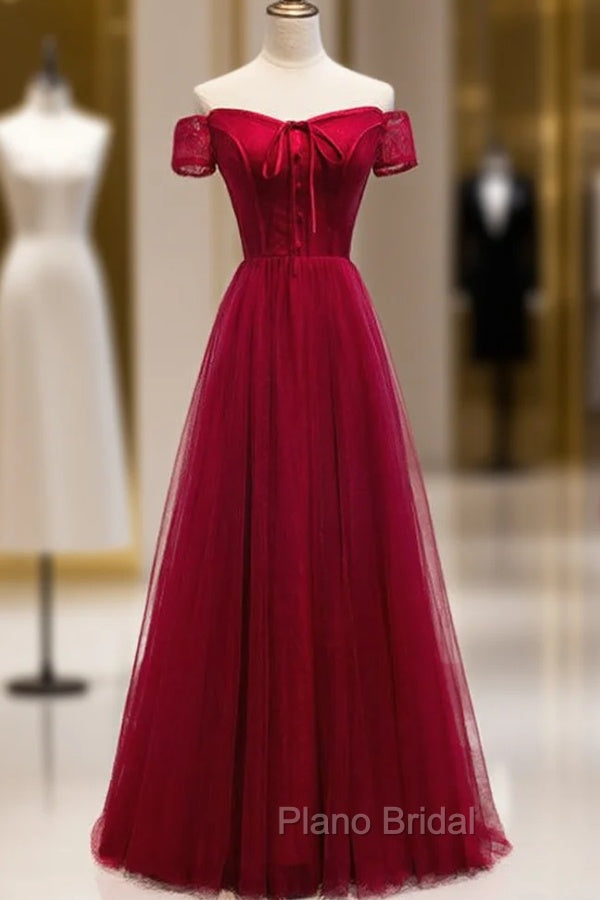 Burgundy Tulle Lace Off the Shoulder Formal Prom Dresses With Button Main image