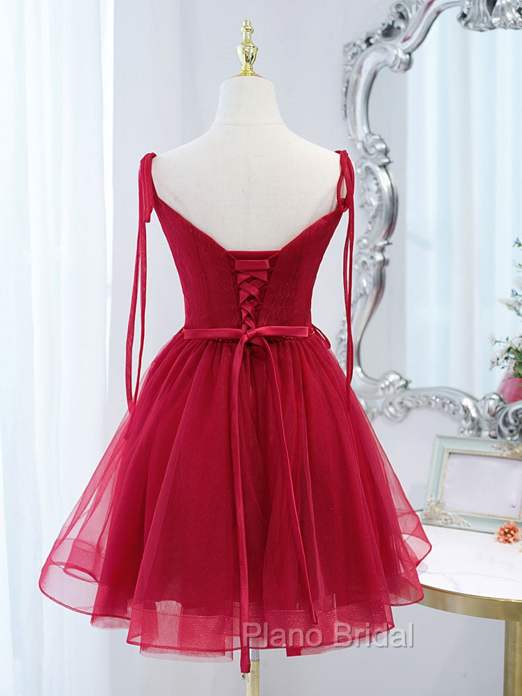 Burgundy Tulle Lace Short Formal Prom Dresses, Burgundy Homecoming Dresses Secondary image