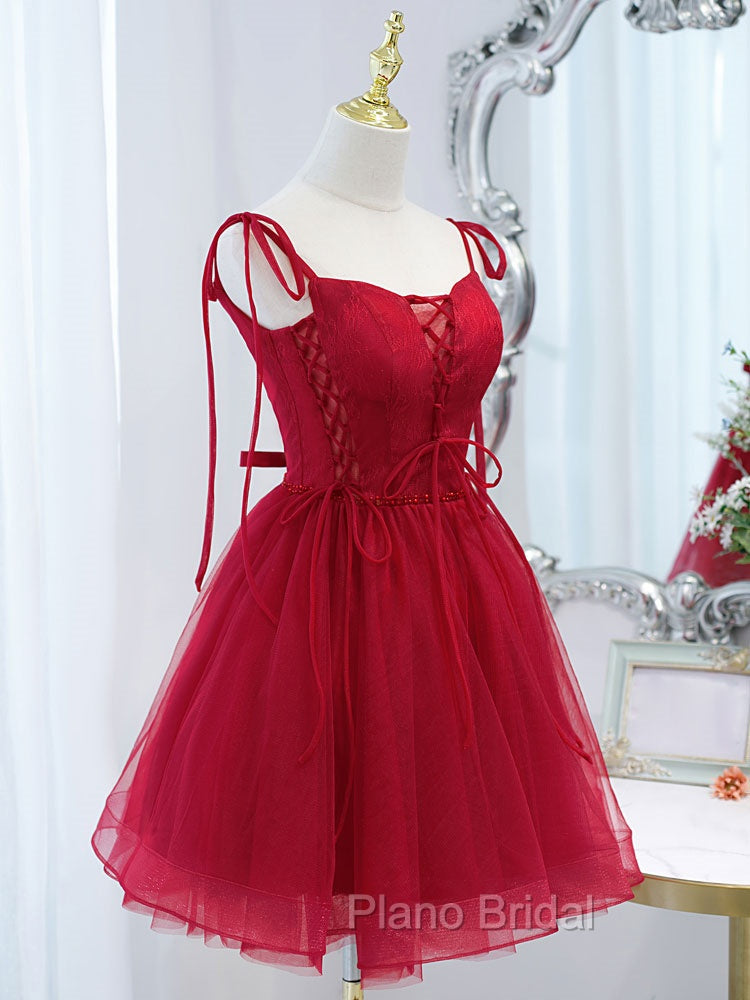 Burgundy Tulle Lace Short Formal Prom Dresses, Burgundy Homecoming Dresses