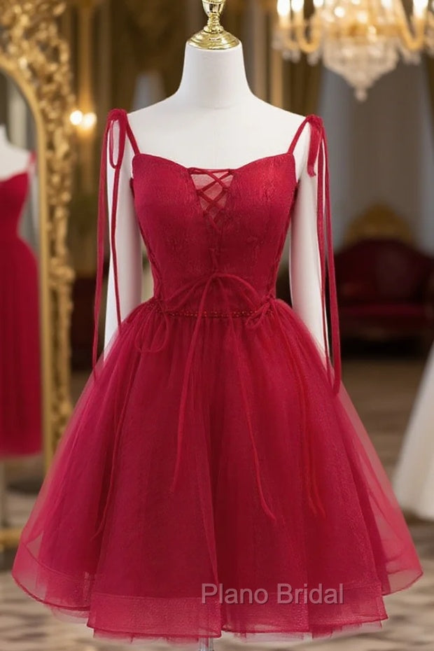 Burgundy Tulle Lace Short Formal Prom Dresses, Burgundy Homecoming Dresses Main image
