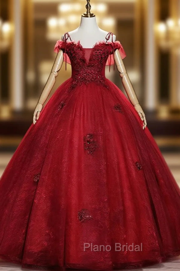 Burgundy Tulle Lace Spaghetti Straps Appliques Quinceanera Dresses
