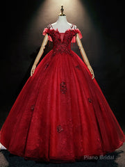 Burgundy Tulle Lace Spaghetti Straps Appliques Quinceanera Dress