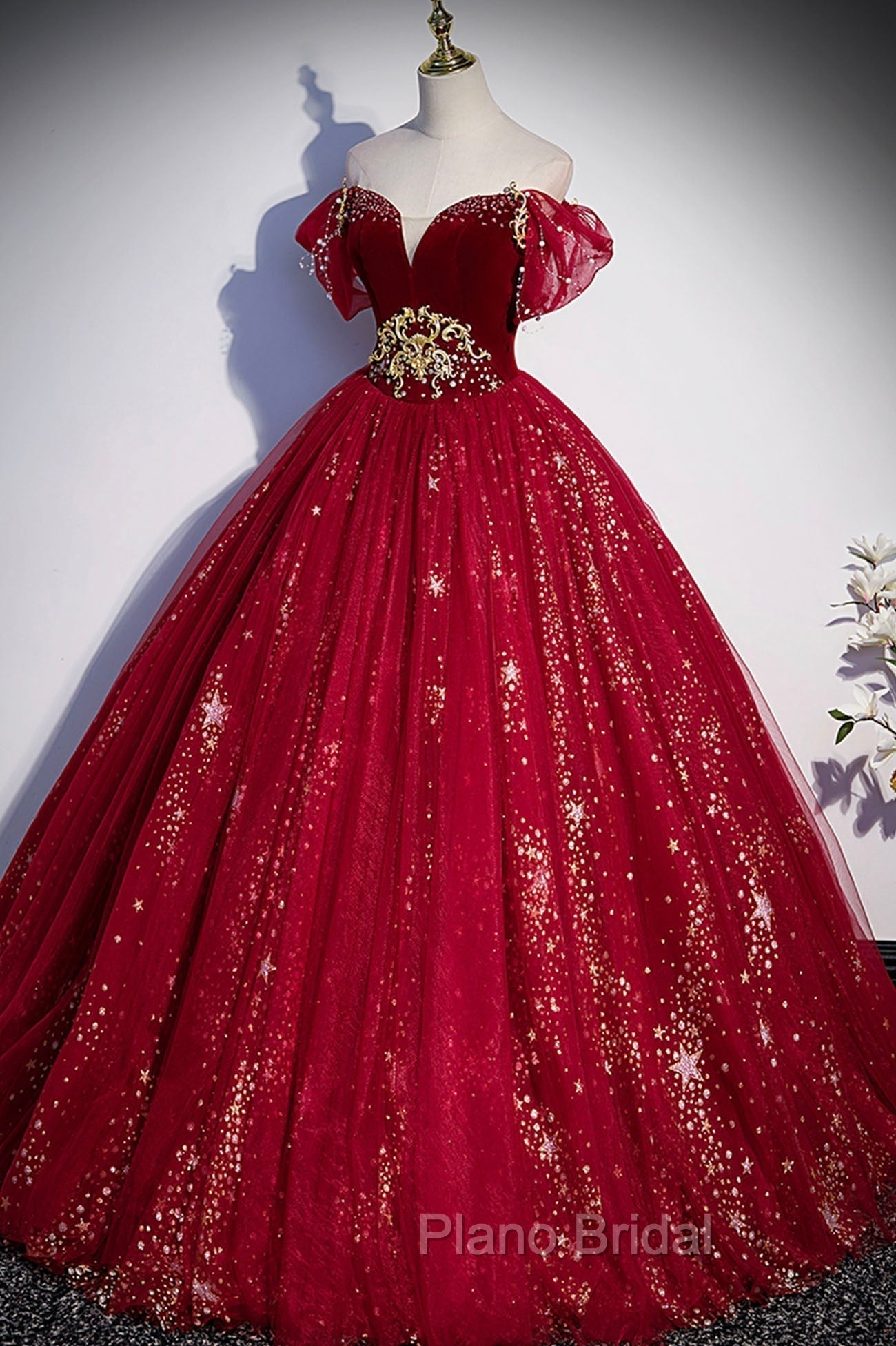 Burgundy Tulle Long A-Line Ball Gown, Off the Shoulder Evening Party Dresses Secondary image