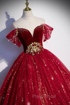 Burgundy Tulle Long A-Line Ball Gown, Off the Shoulder Evening Party Dresses