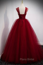 Burgundy Tulle Long A-Line Evening Dresses, Off the Shoulder Formal Party Dresses