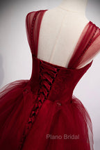 Burgundy Tulle Long A-Line Evening Dresses, Off the Shoulder Formal Party Dresses