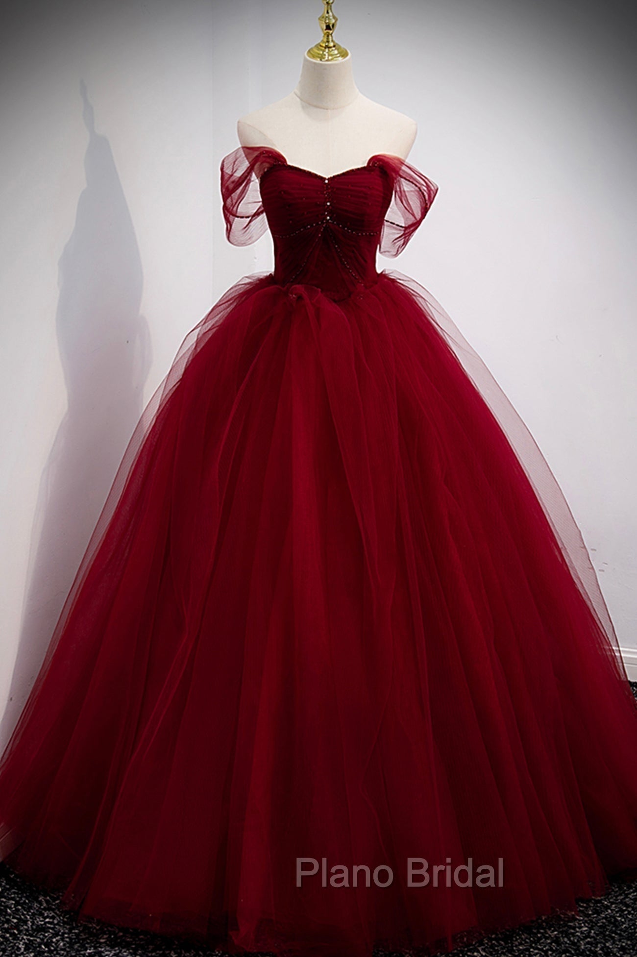 Burgundy Tulle Long A-Line Evening Dresses, Off the Shoulder Formal Party Dresses