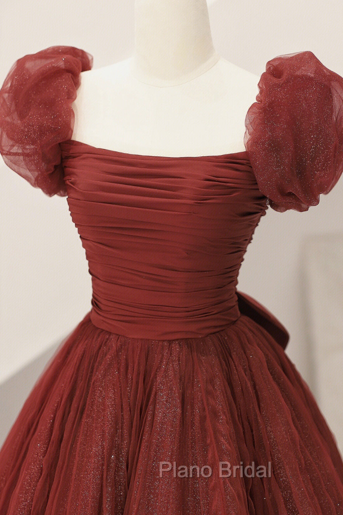 Burgundy Tulle Long A-Line Formal Prom Dresses, Cute Short Sleeve Evening Dresses Secondary image