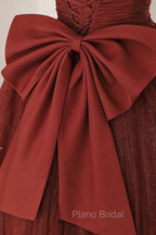 Burgundy Tulle Long A-Line Formal Prom Dresses, Cute Short Sleeve Evening Dresses