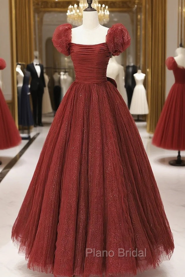 Burgundy Tulle Long A-Line Formal Prom Dresses, Cute Short Sleeve Evening Dresses