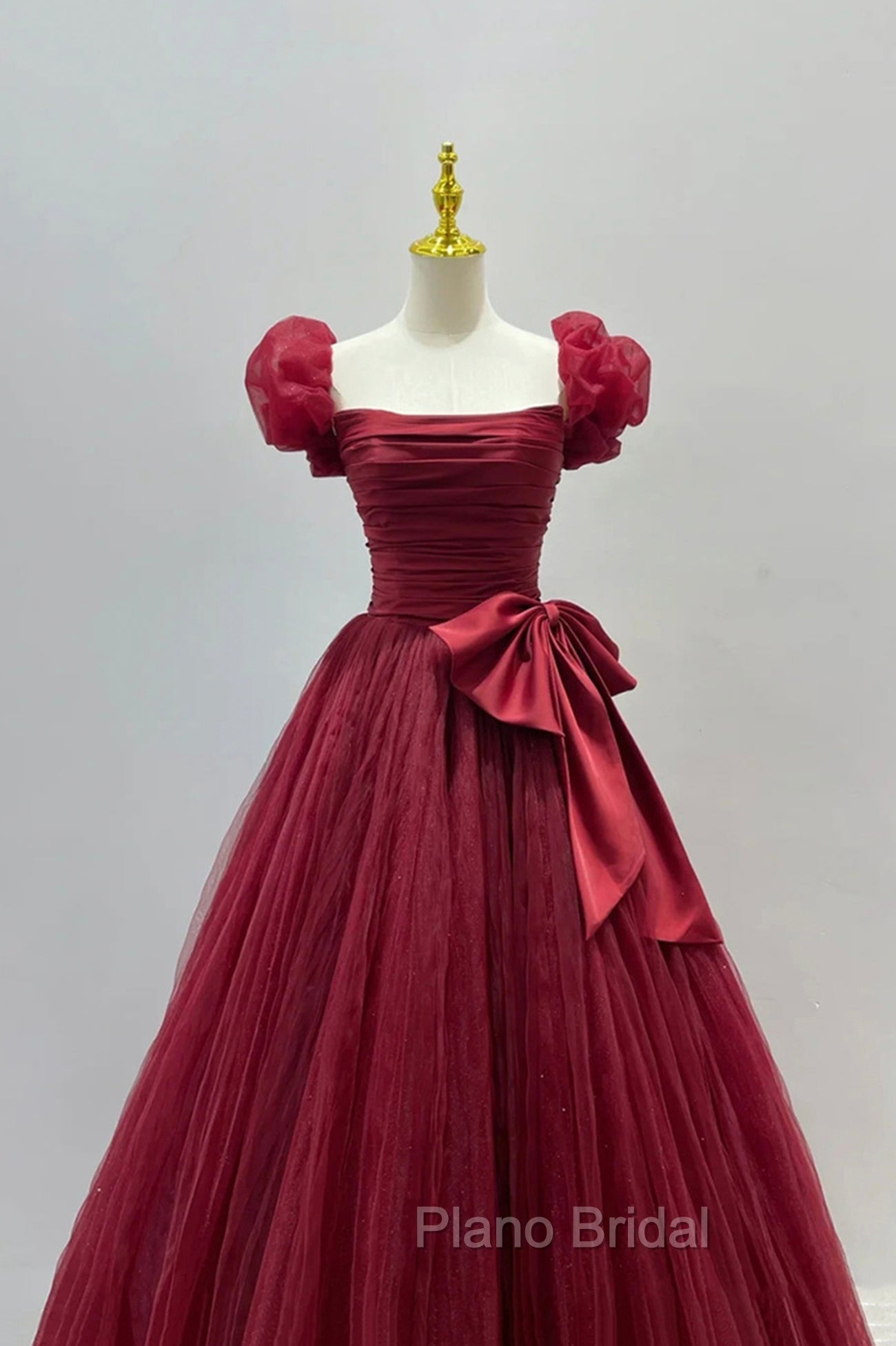 Burgundy Tulle Long A-Line Formal Prom Dresses, Lovely Evening Graduation Dresses