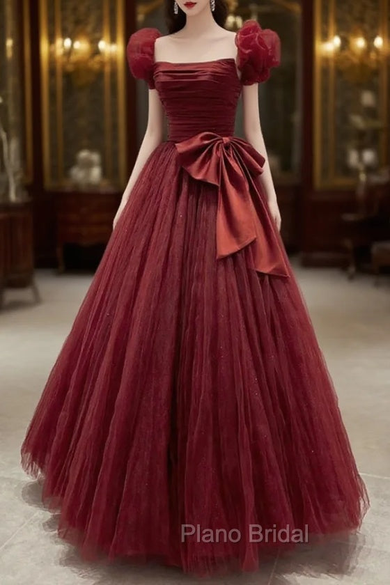 Burgundy Tulle Long A-Line Formal Prom Dresses, Lovely Evening Graduation Dresses