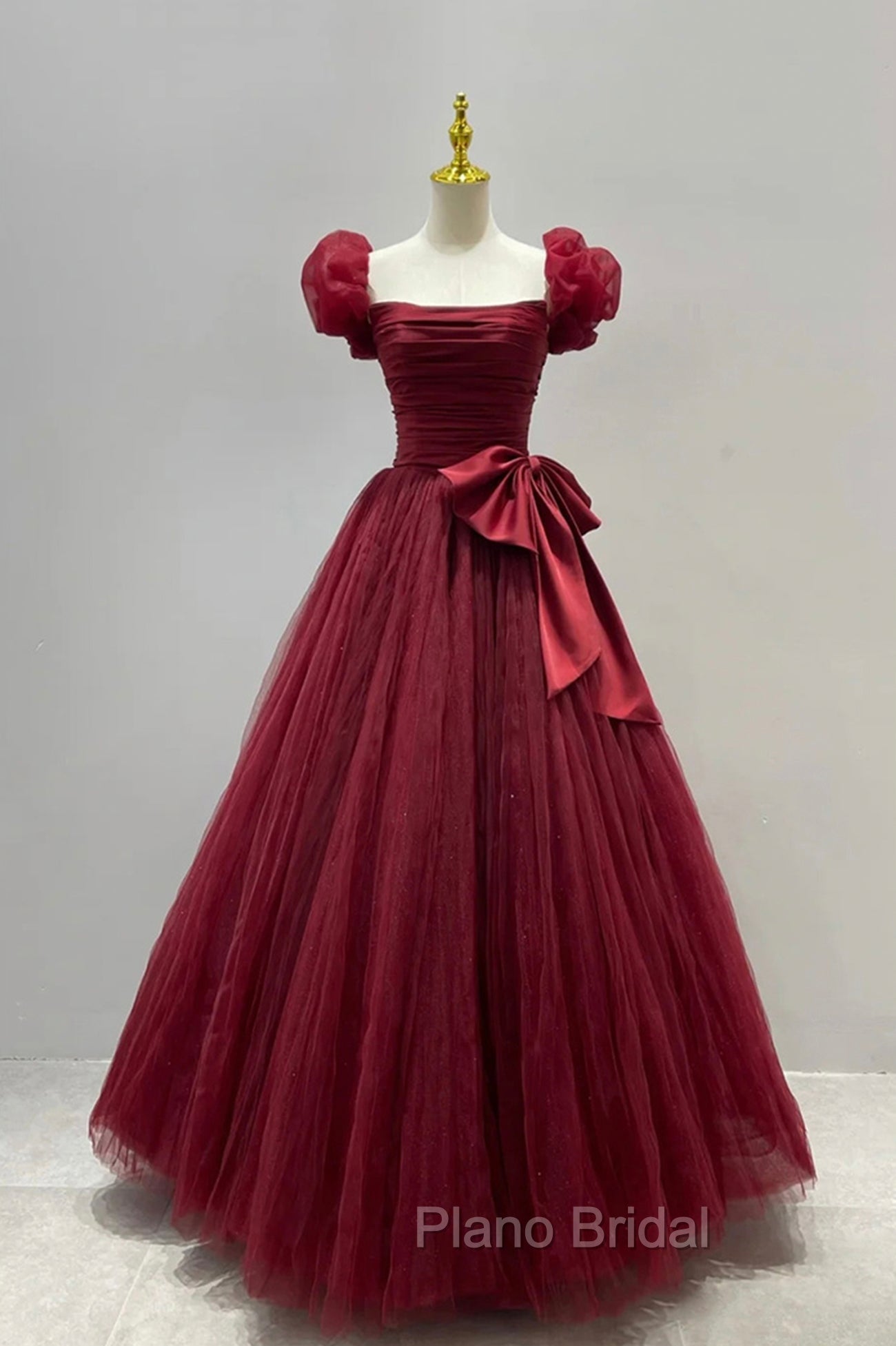 Burgundy Tulle Long A-Line Formal Prom Dresses, Lovely Evening Graduation Dresses Main image