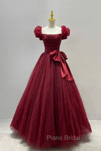 Burgundy Tulle Long A-Line Formal Prom Dresses, Lovely Evening Graduation Dresses