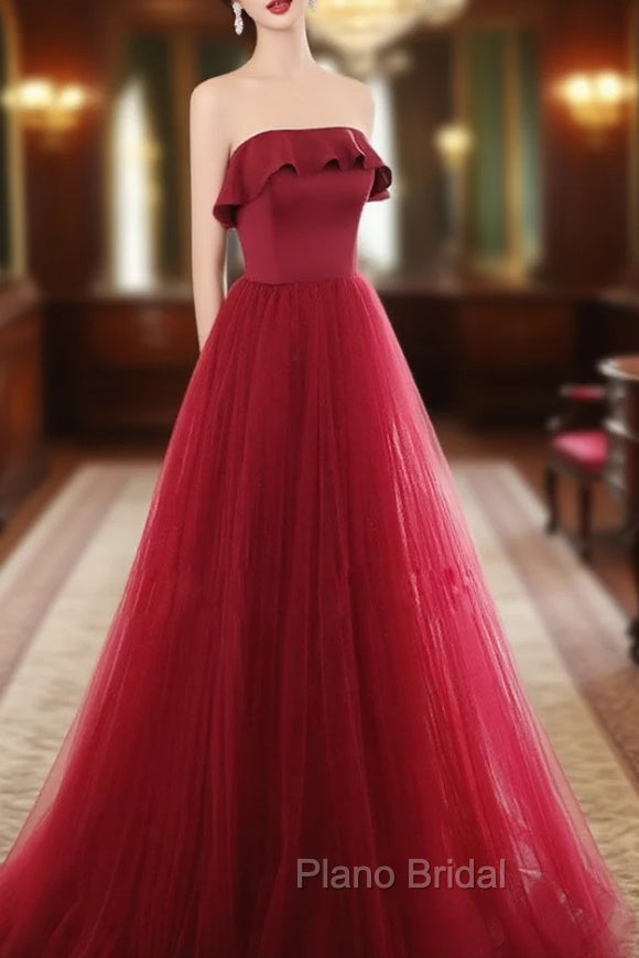 Burgundy Tulle Long Formal Prom Dresses, A line Burgundy Formal Party Dresses
