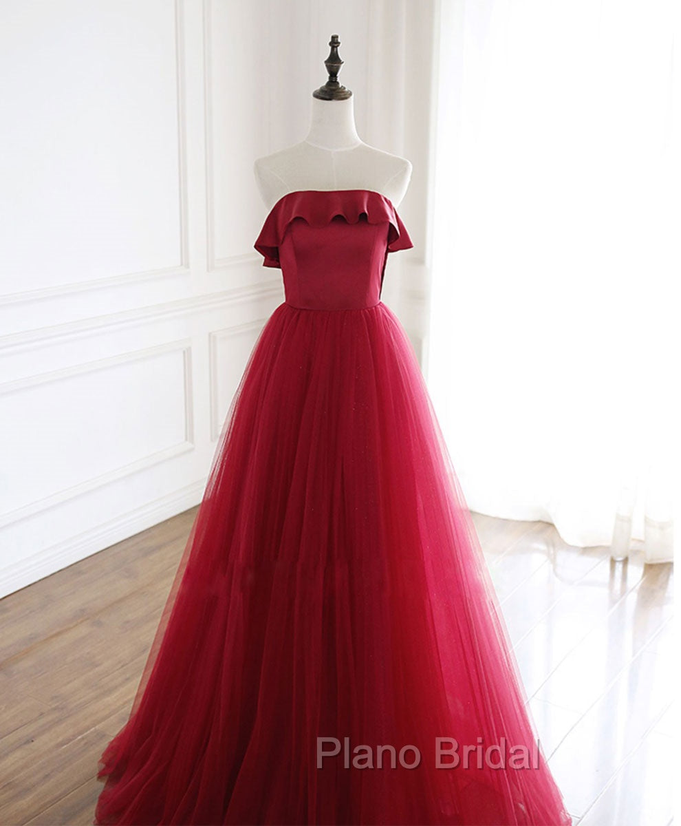 Burgundy Tulle Long Formal Prom Dresses, A line Burgundy Formal Party Dresses Main image