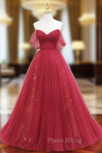 Burgundy Tulle Long Formal Prom Dresses, Burgundy Evening Dresses