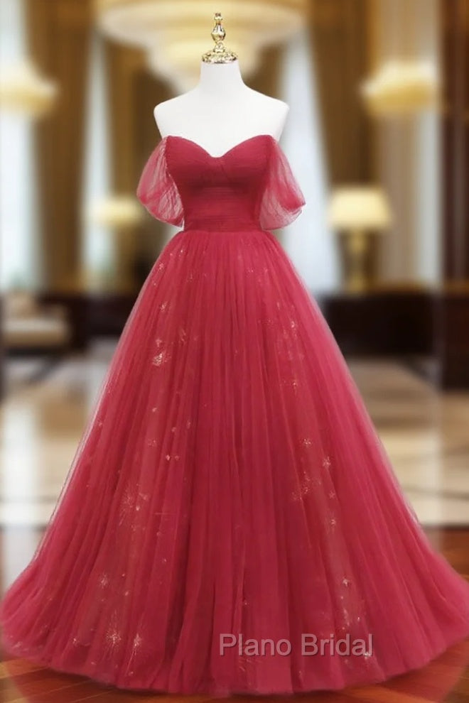 Burgundy Tulle Long Formal Prom Dresses, Burgundy Evening Dresses