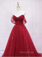 Burgundy Tulle Long Formal Prom Dresses, Burgundy Evening Dresses