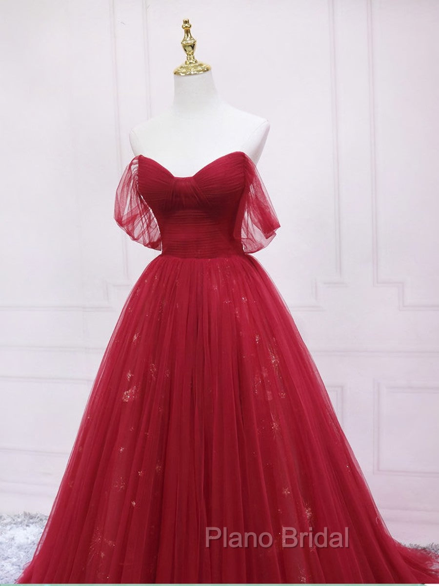 Burgundy Tulle Long Formal Prom Dresses, Burgundy Evening Dresses