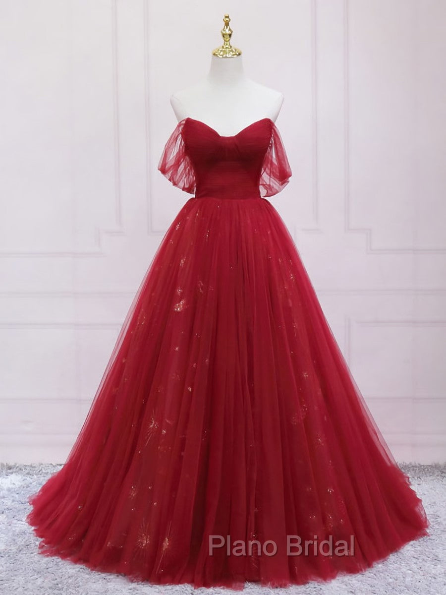 Burgundy Tulle Long Formal Prom Dresses, Burgundy Evening Dresses Secondary image